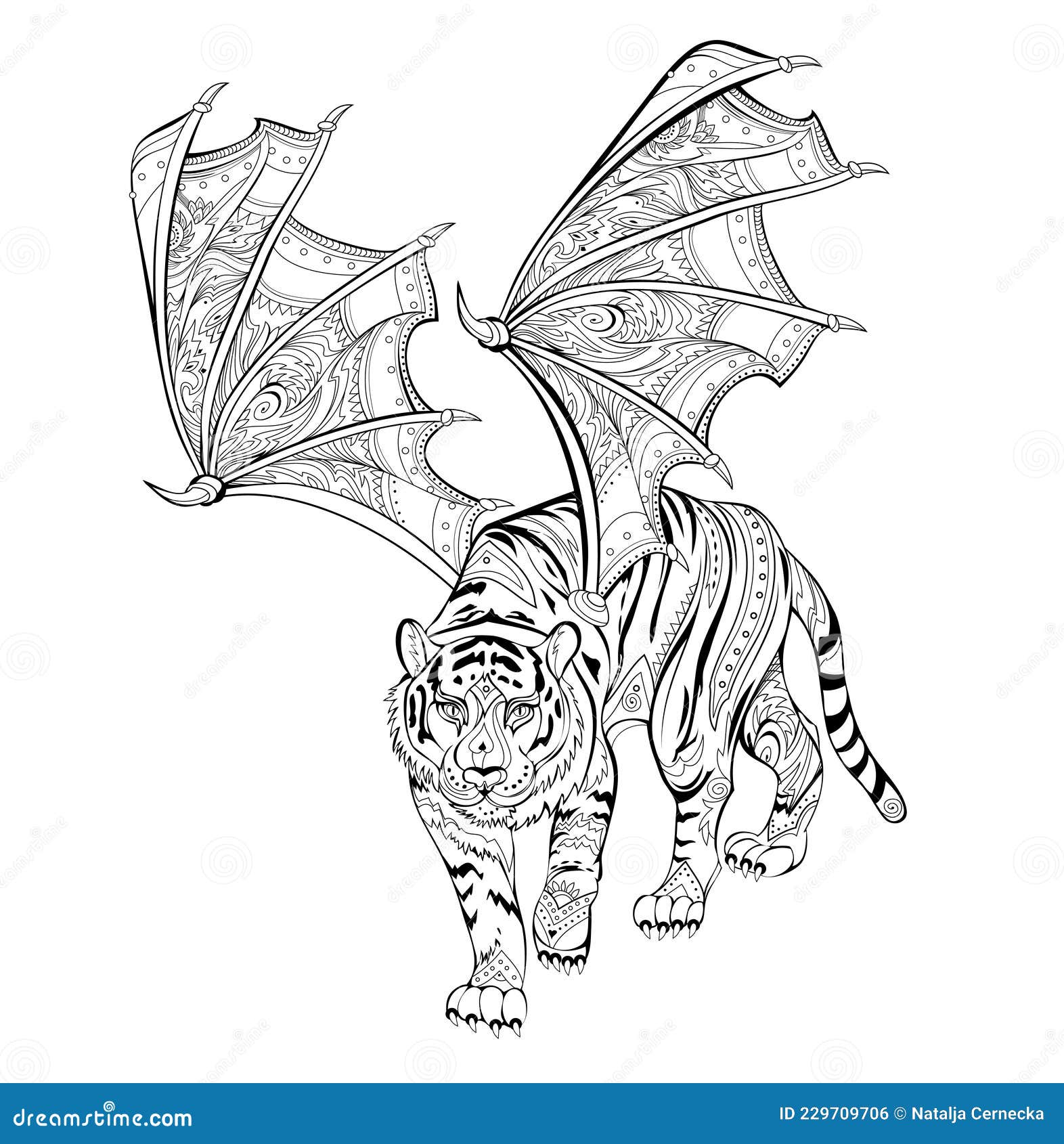 Fantastic warlike tiger with wings coloring book printable image for logo tattoo jewelry decoration print stock vector
