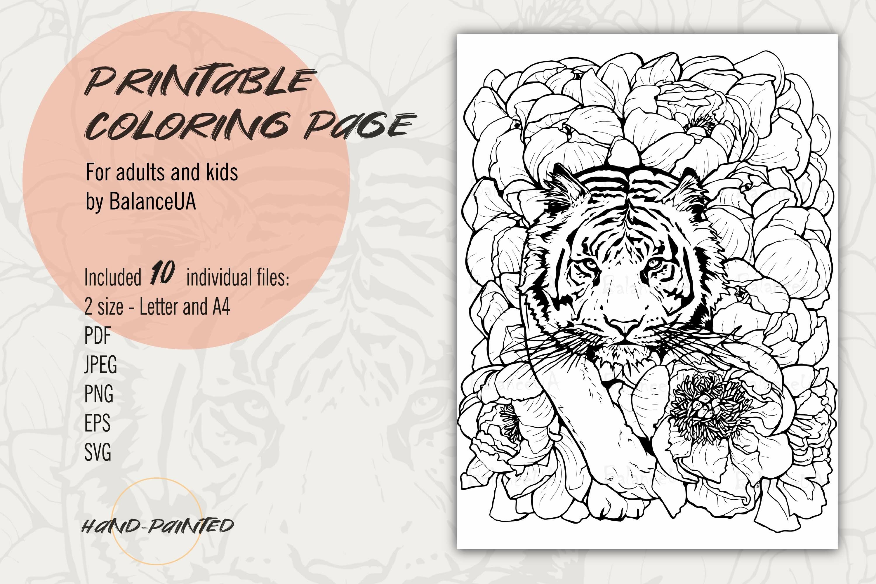 Coloring page with tiger for adults and kids