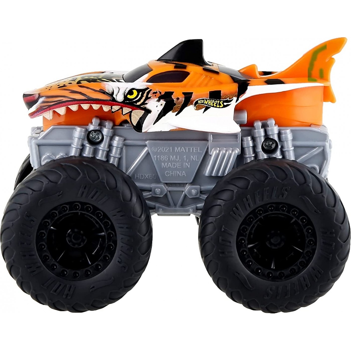 Mattel hot wheels monster trucks roarin wreckers tiger shark truck with engine revving hdx hdx toys