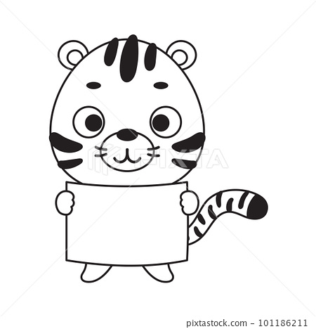 Coloring page cute little tiger holds paper