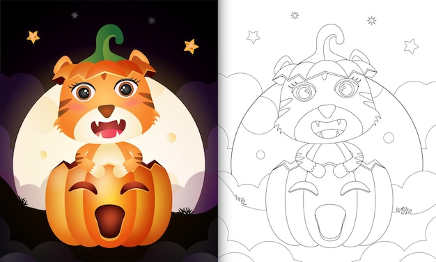 Premium vector coloring book with a cute tiger in the halloween pumpkin