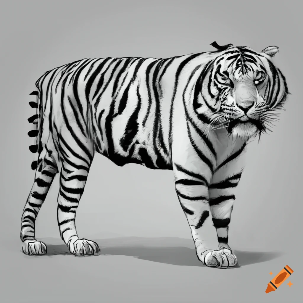 A sketch of a large size tiger white full body black and white background childrens coloring book on