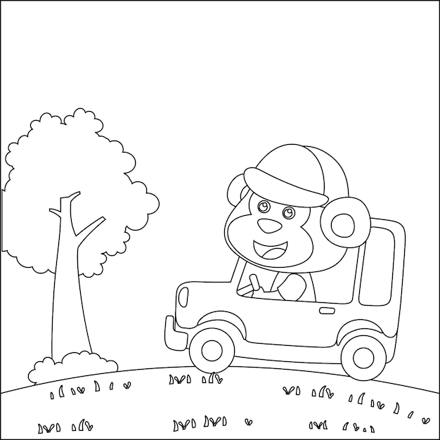 Lindo tigre conduciendo un coche ir al bosque divertido animal dibujos animados para colorear libro o pãgina vector premium