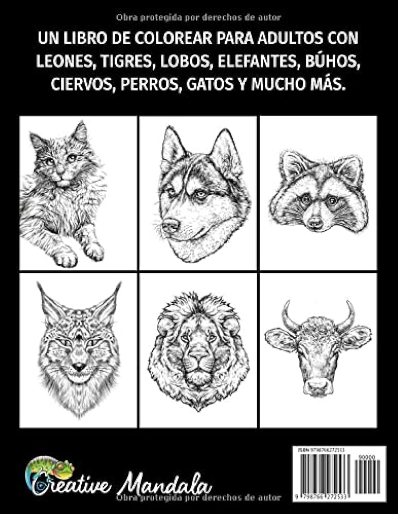 Animal realistas un libro de colorear para adultos con leon tigr lobos elefant bãºhos ciervos perros gatos y mucho mãs mandala creative libros