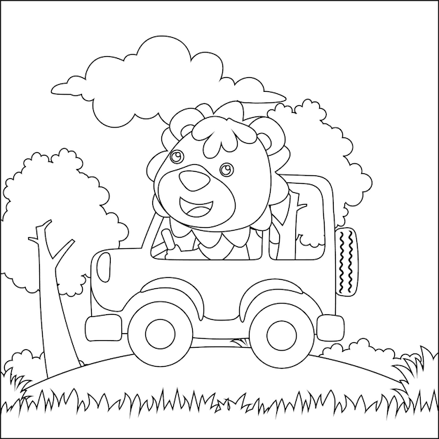 Lindo tigre conduciendo un coche ir al bosque divertido animal dibujos animados para colorear libro o pãgina vector premium