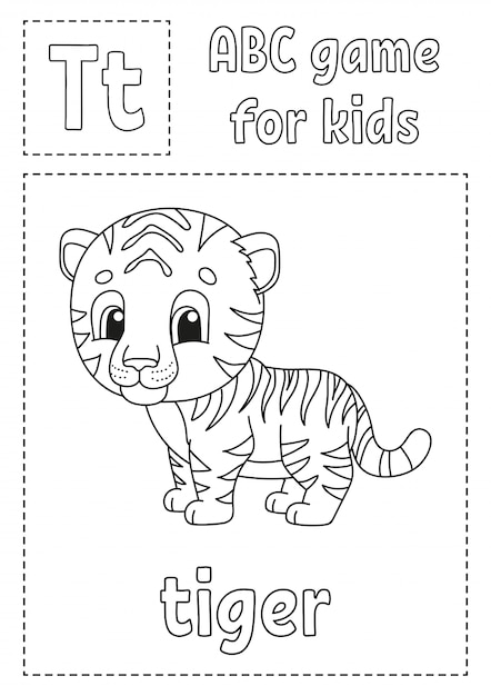 La letra t para tigre juego de abc para niãos pãgina para colorear alfabeto vector premium