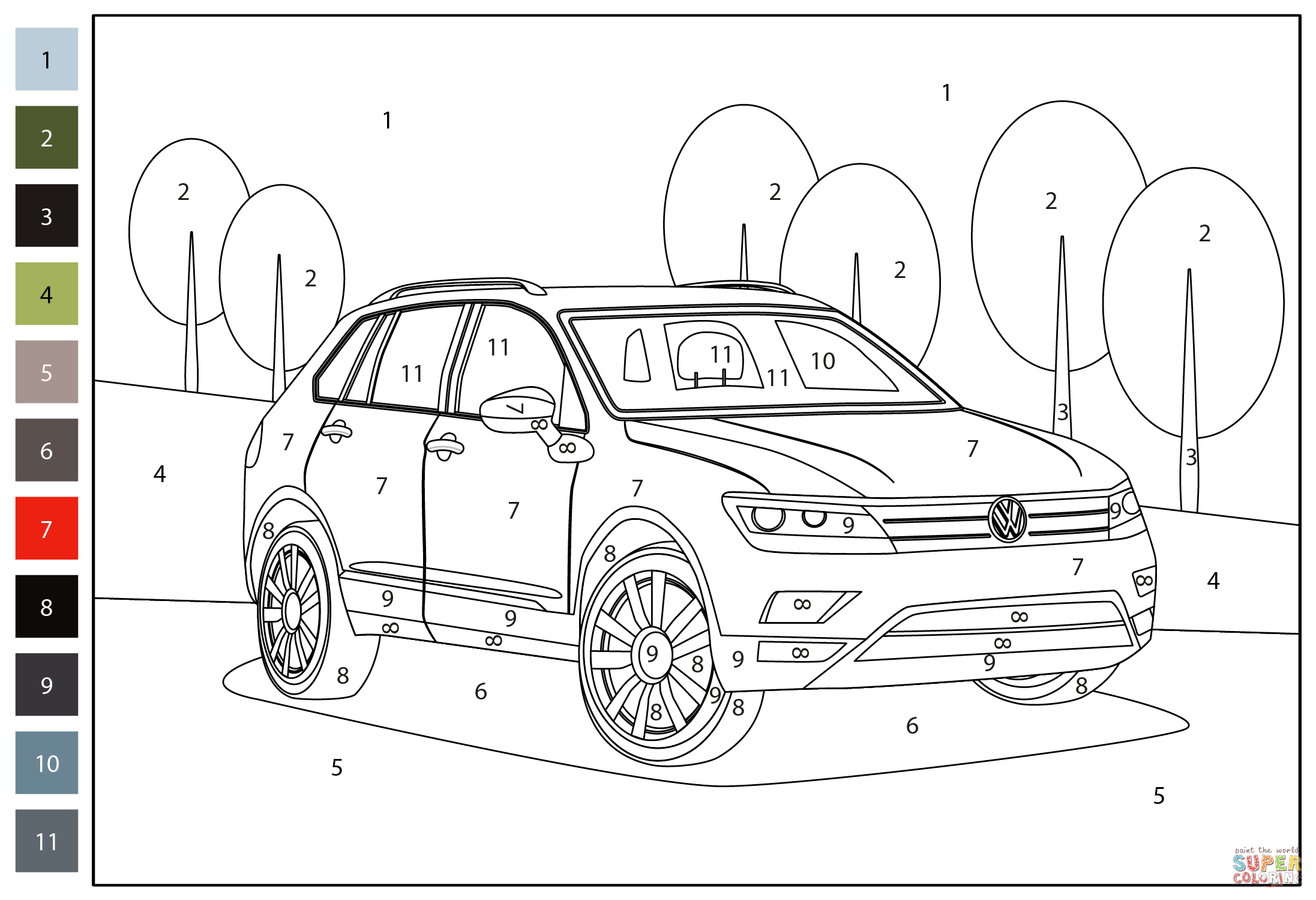 Volkswagen tiguan color by number coloring page free printable coloring pages