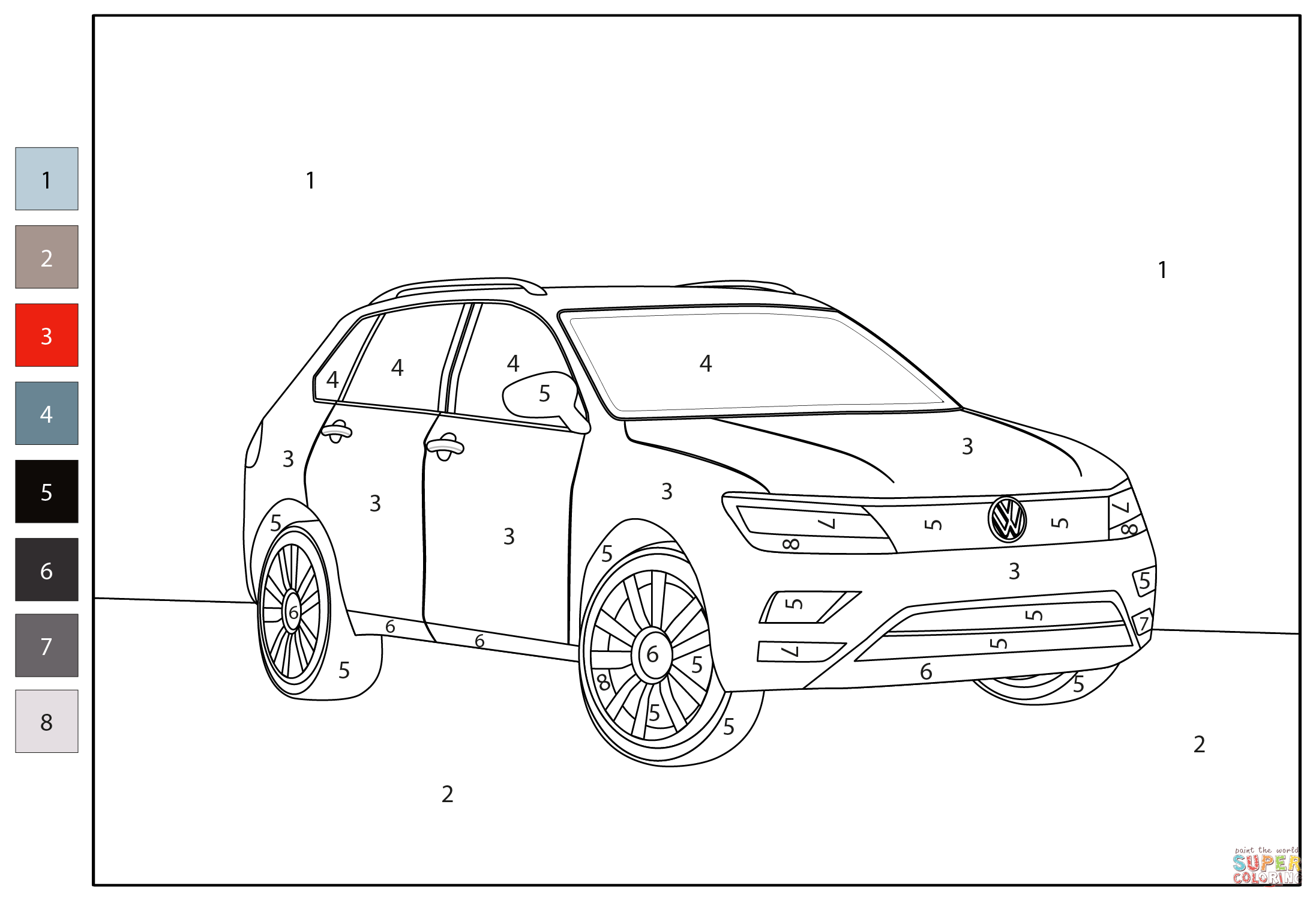 Volkswagen tiguan color by number coloring page free printable coloring pages