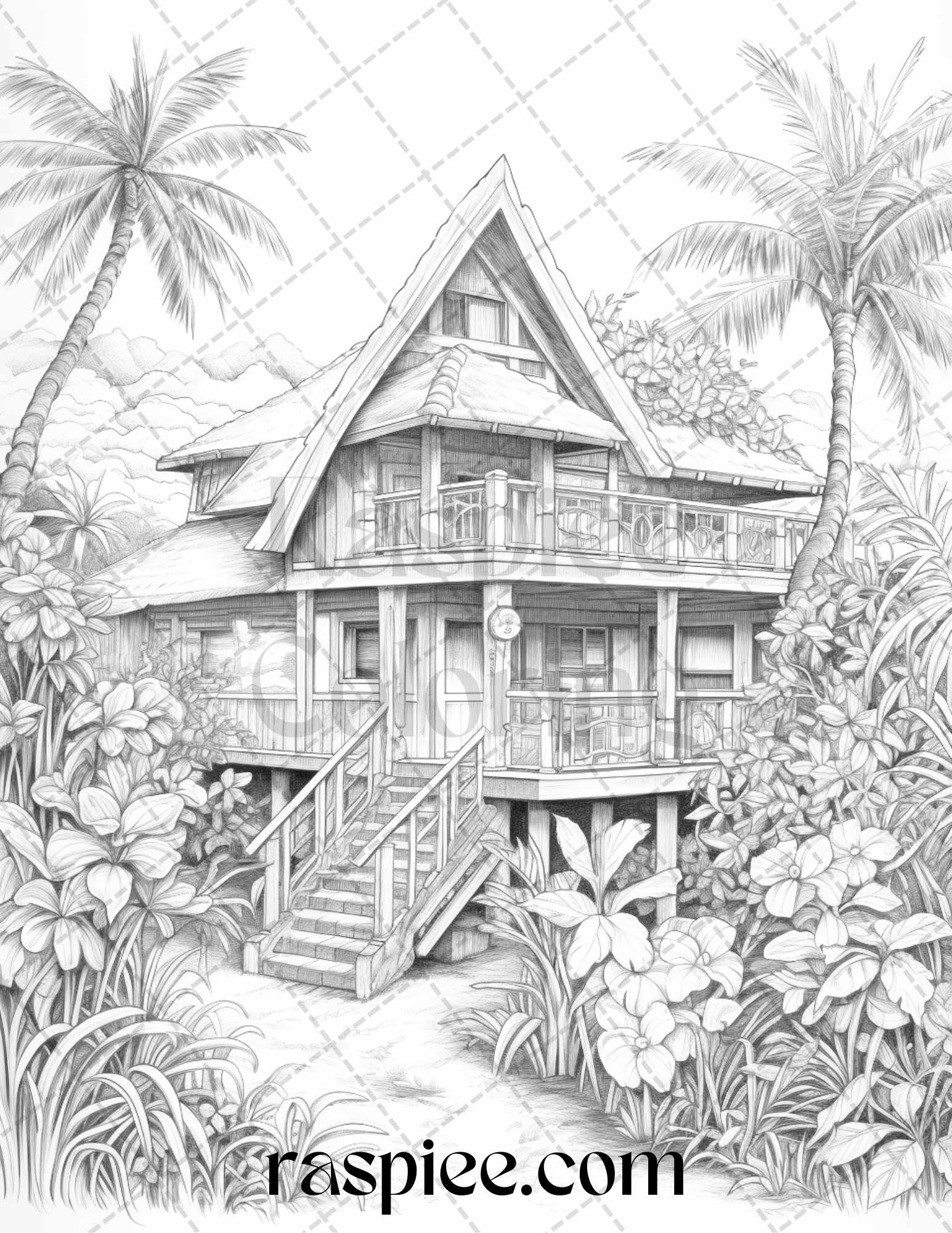 Hawaii tiki houses grayscale coloring pages printable for adults p â coloring