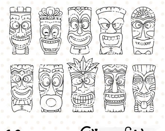 Cute tiki mask digital stamps polynesian culture outline maori coloring tiki statue luau party decor colouring instant download