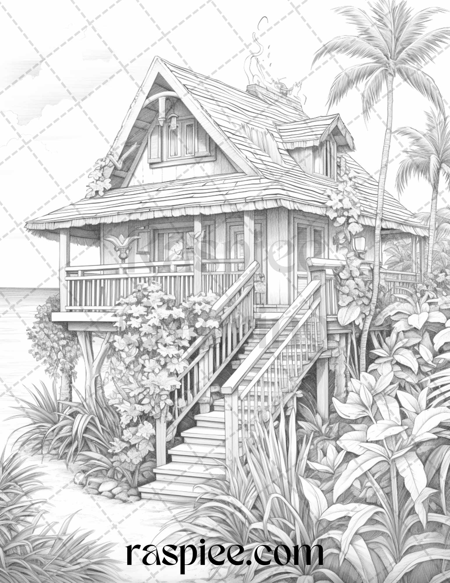 Hawaii tiki houses grayscale coloring pages printable for adults p â coloring