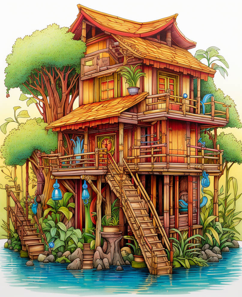 Treehouses in the bamboo jungle coloring pages by coloringbooksart on