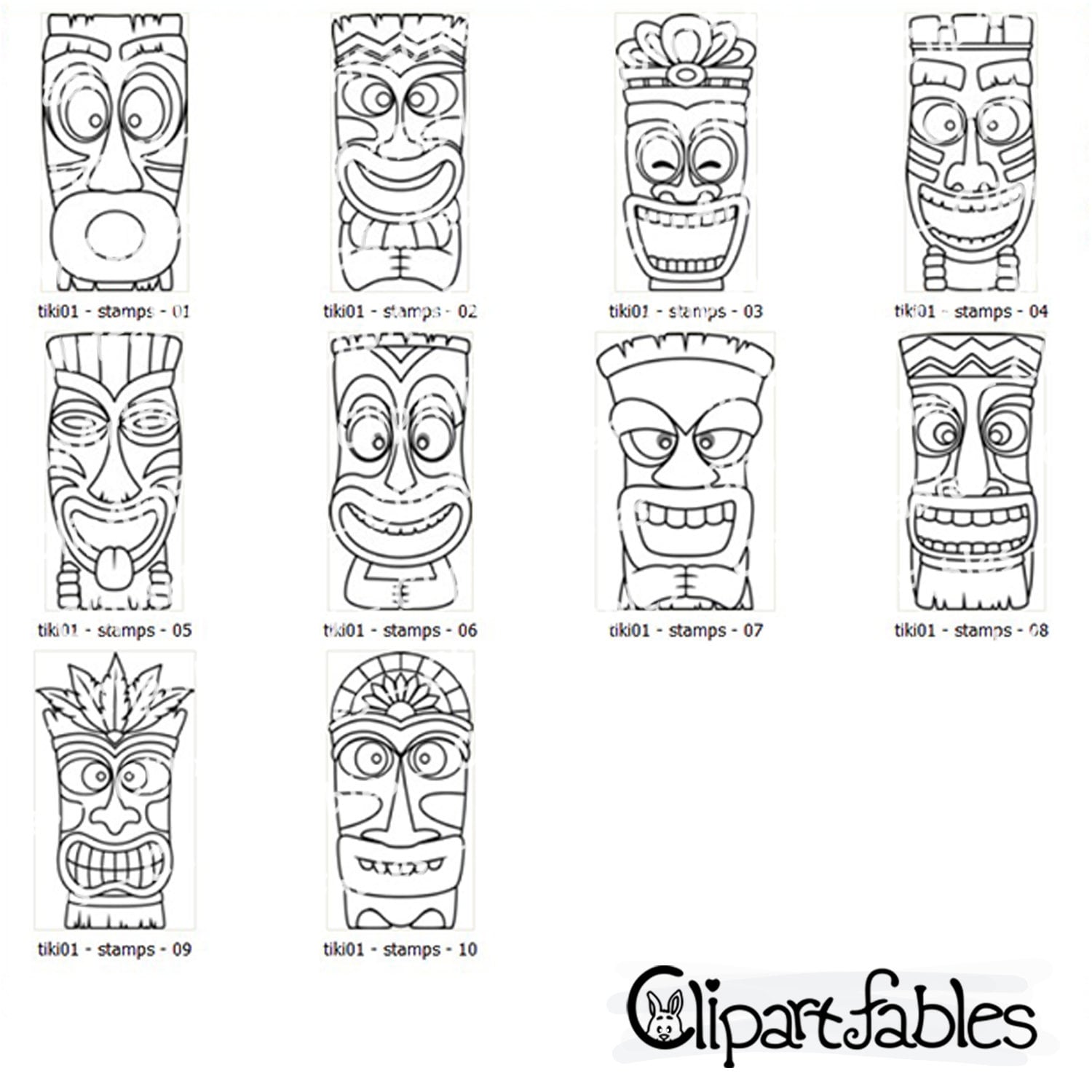 Cute tiki mask digital stamps polynesian culture outline maori coloring tiki statue luau party decor colouring instant download