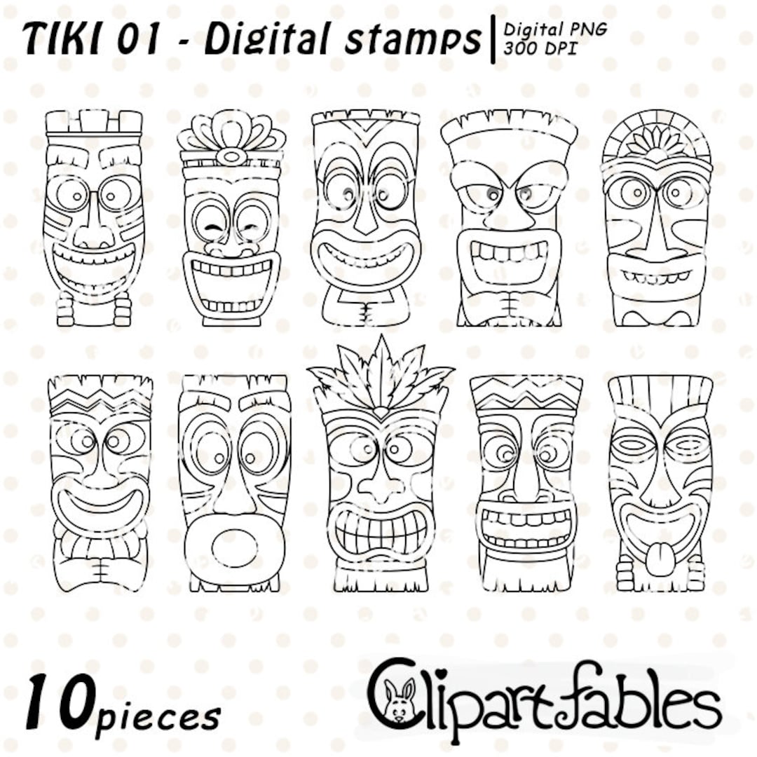 Cute tiki mask digital stamps polynesian culture outline maori coloring tiki statue luau party decor colouring instant download