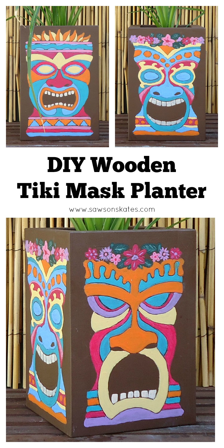 Diy painted wooden tiki mask planter