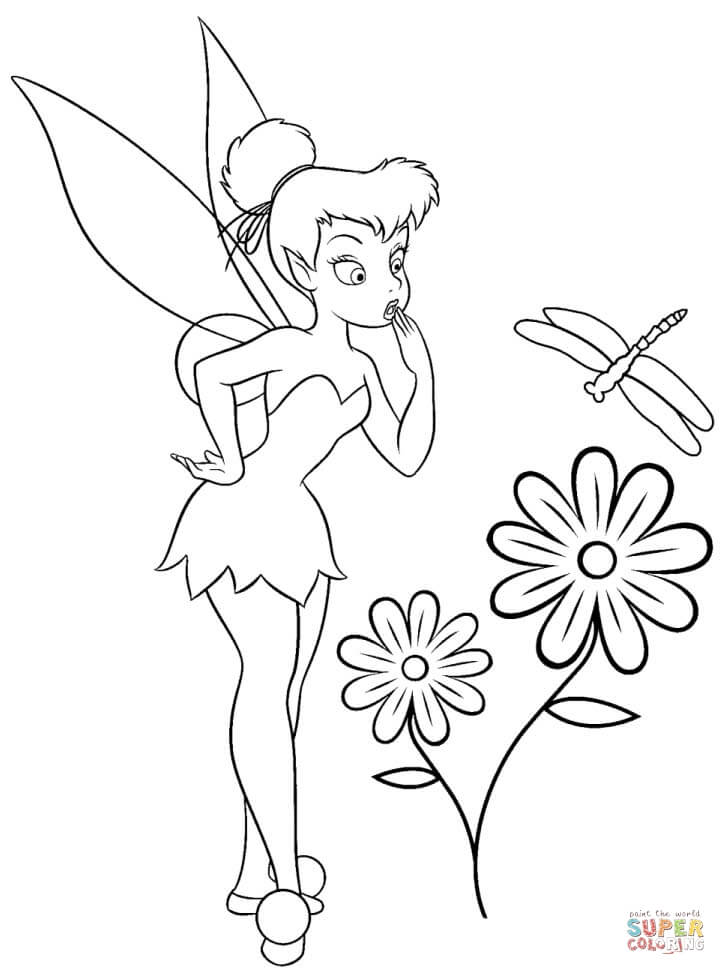 Tinkerbell with flowers coloring page free printable coloring pages