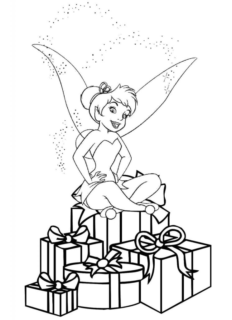 Tinkerbell and presents coloring page