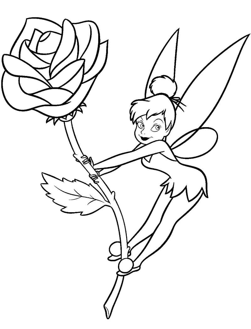 Tinkerbell with a rose coloring page