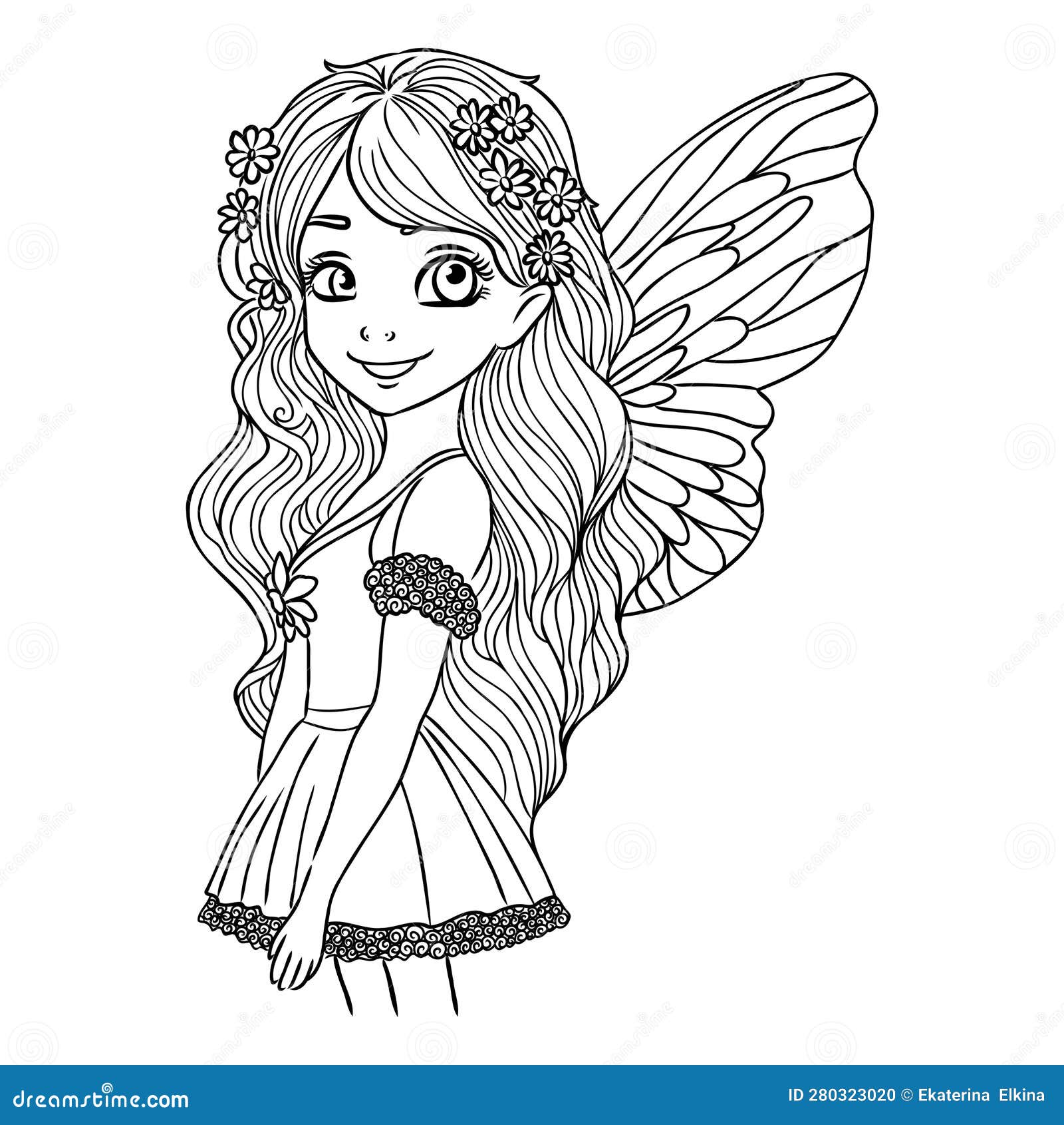 Beautiful princess fairy tinkerbell with buttlerfly coloring page stock vector