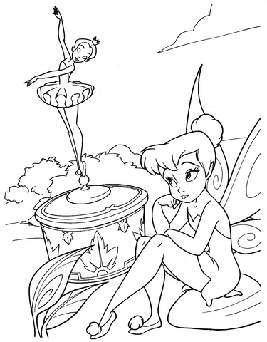 Tinkerbell is looking at a ballet dancer statue coloring page free printable coloring pages