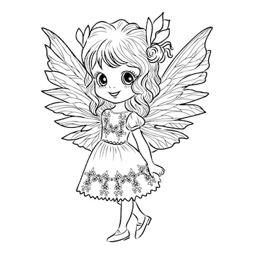 Premium vector beautiful princess fairy tinkerbell with buttlerfly coloring page