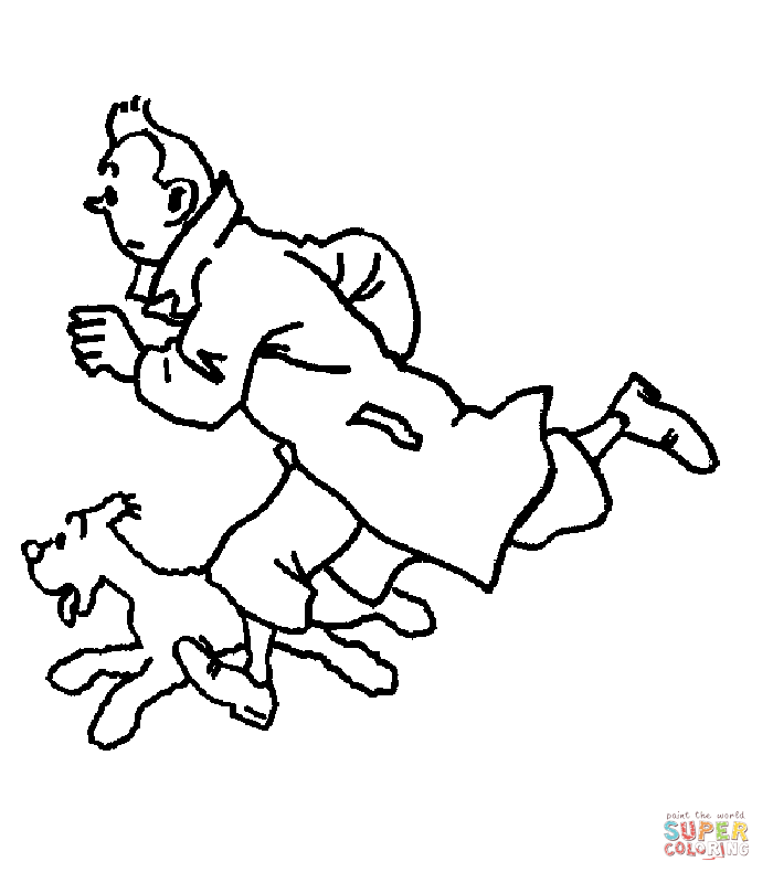 Tintin is running with his dog snowy coloring page free printable coloring pages