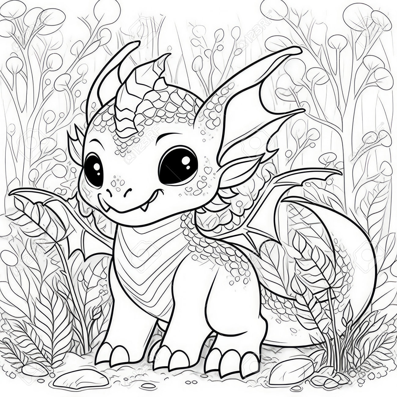 Coloring page of cute little dragon in the forest vector illustration stock photo picture and royalty free image image