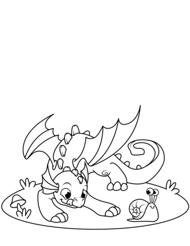 Cute little dragon playing with snail coloring page free printable coloring pages