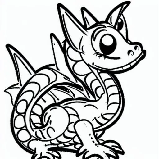 A tiny cute dragon cartoon fun black and white k