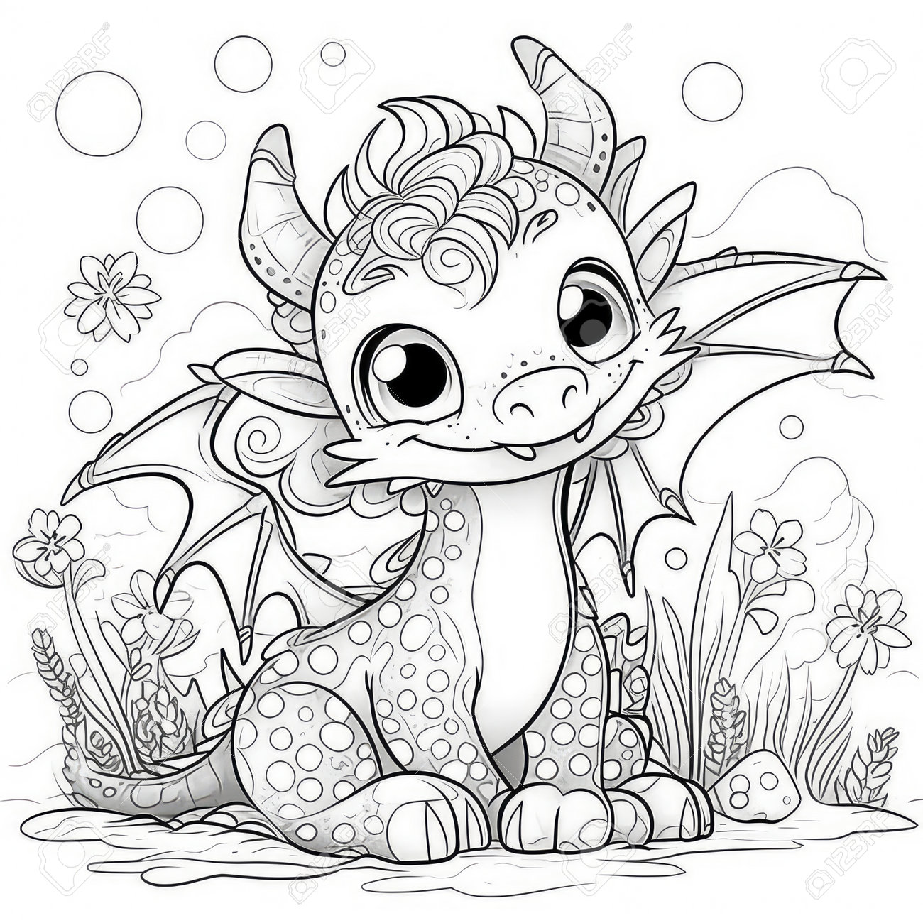 Cute little dragon on the grass coloring book for kids stock photo picture and royalty free image image