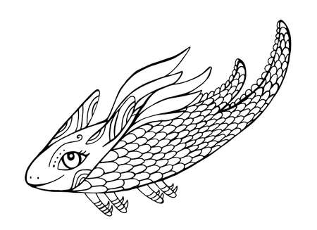 Mythical funny dragon fantasy coloring page for kids and adults cute cartoon doodle style character little dragon with wings fantastic animal vector hand drawn decorative illustration ù ùùø øªøµù ùù ù