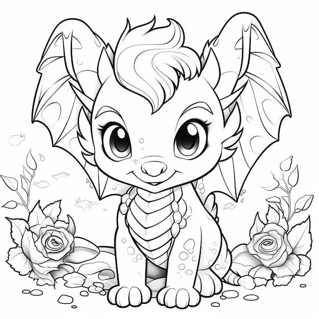 Premium ai image a coloring page of a little dragon with roses and roses generative ai