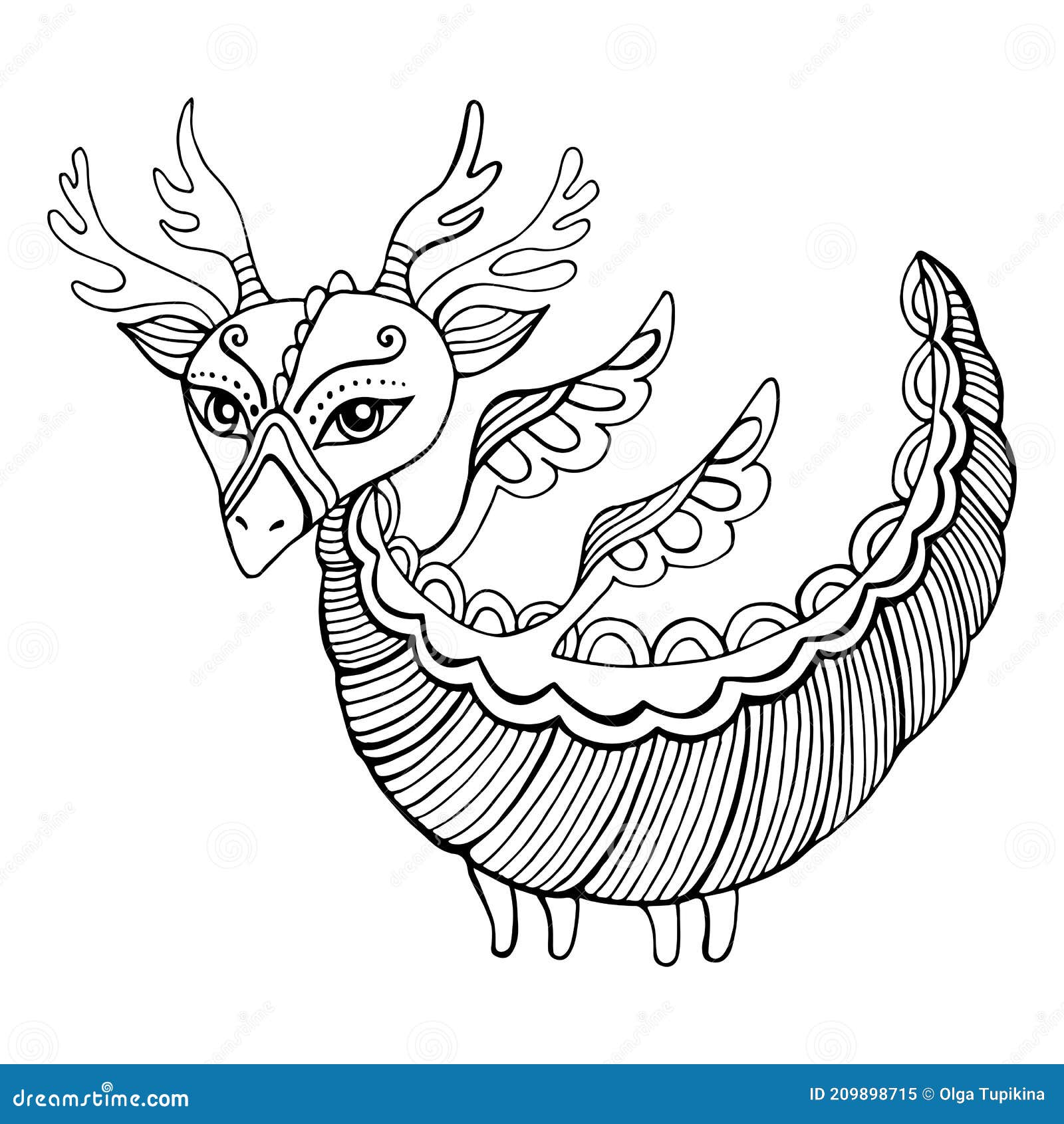 Fantasy cartoon dragon coloring page for kids and adults cute doodle style character little dragon with wings and horns stock vector