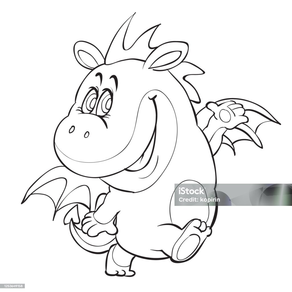 Sketch of a cute dragon with small wings coloring book cartoon illustration isolated object on a white background vector illustration stock illustration