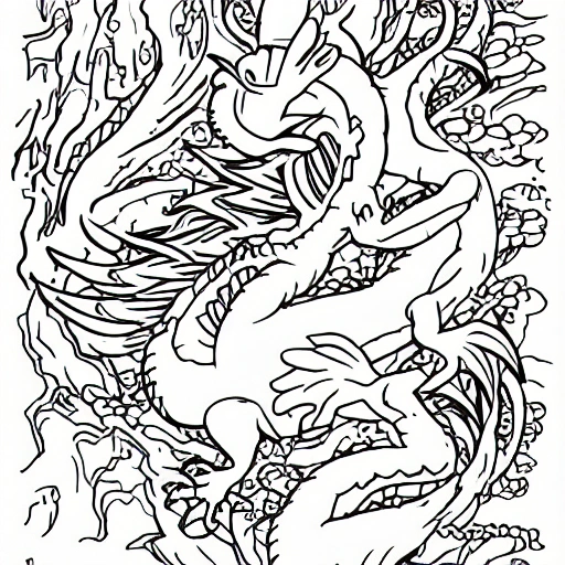 A small dragon on a branch kawi style cartoon coloring page f