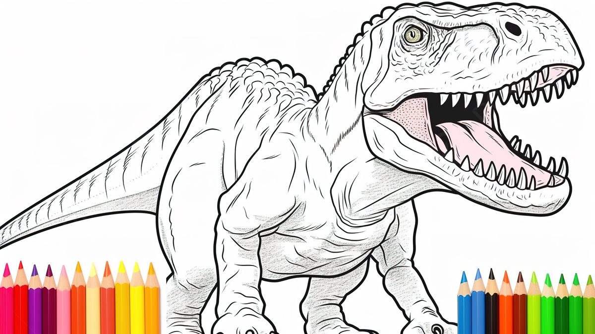 The dinosaur coloring page is shown with pencils beside his head background picture of t rex to color dinosaur t rex background image and wallpaper for free download