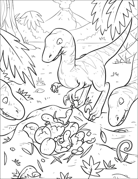 Premium vector prehistoric predatory dinosaur velociraptor and baby dinosaur coloring book and coloring page