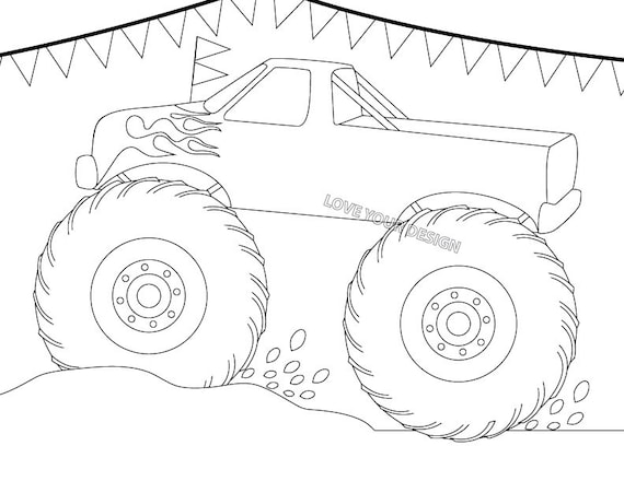 Monster truck green orange blue pin the tire on the monster truck birthday party game free truck coloring page instant download you print