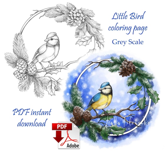 Coloring page grey scale cute tit bird winter pdf download and print