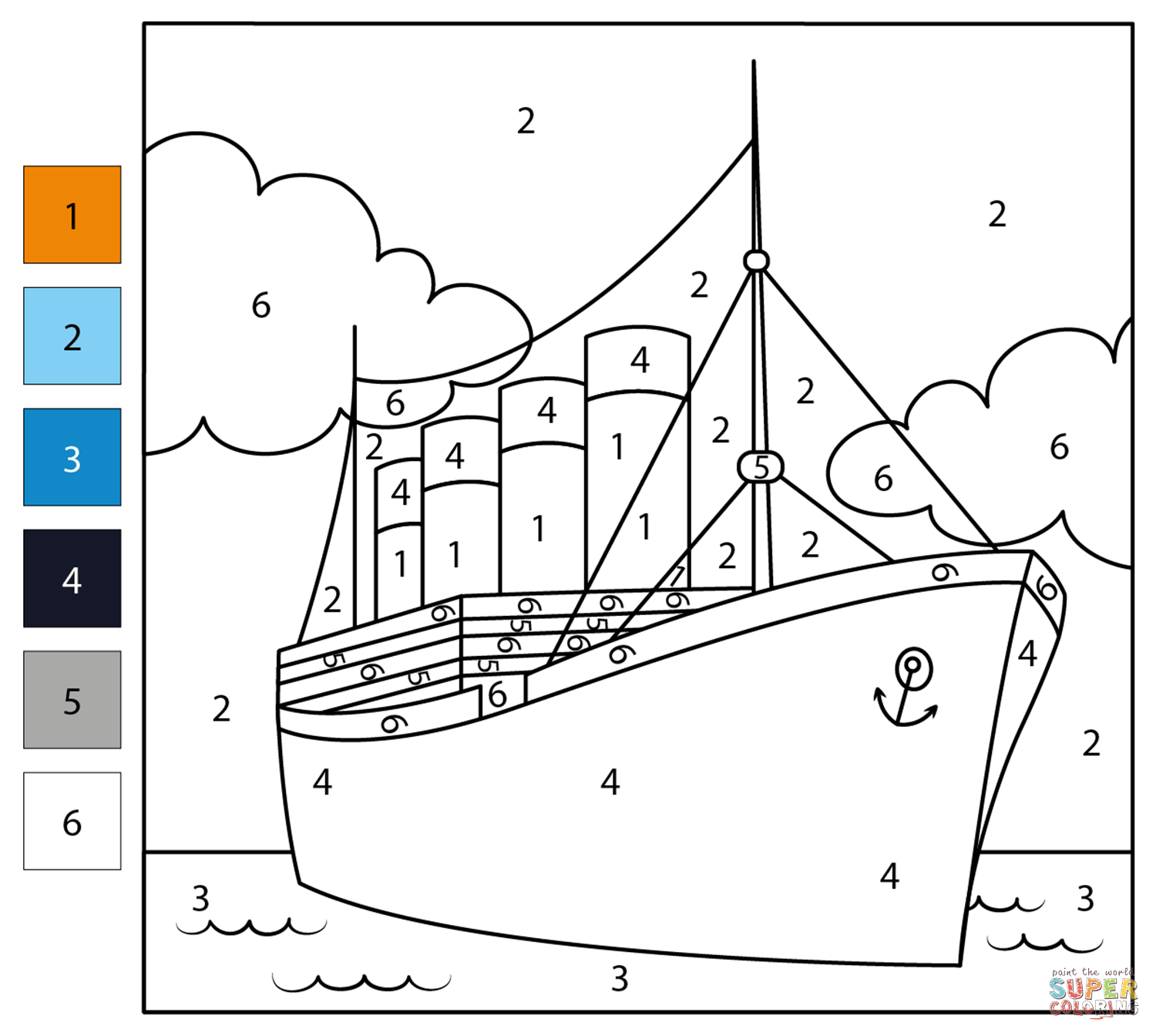 Titanic color by number free printable coloring pages