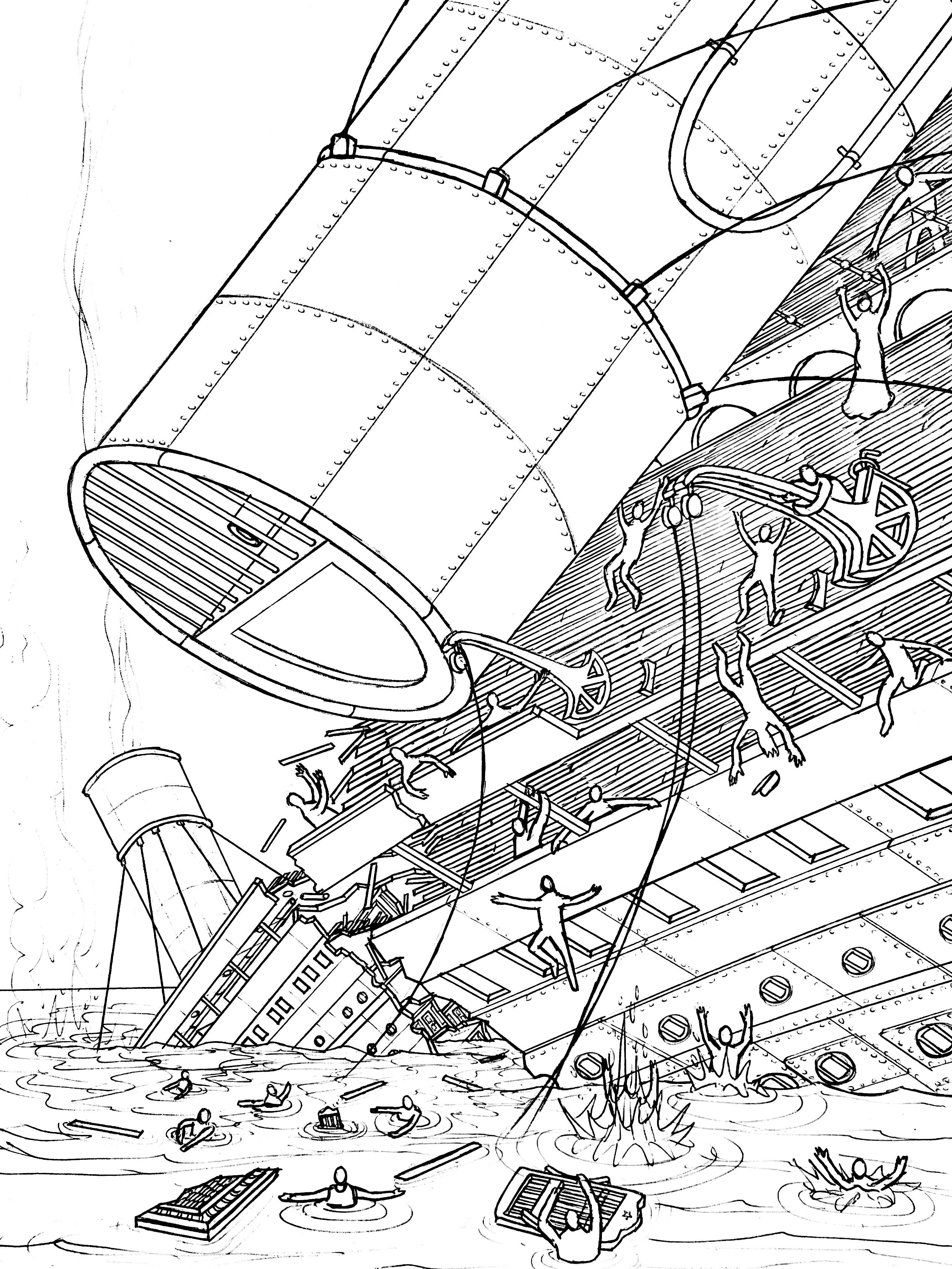 My latest drawing before colour is added depicting a close up perspective of titanic breaking apart towards the end of her sinkingâ rtitanic