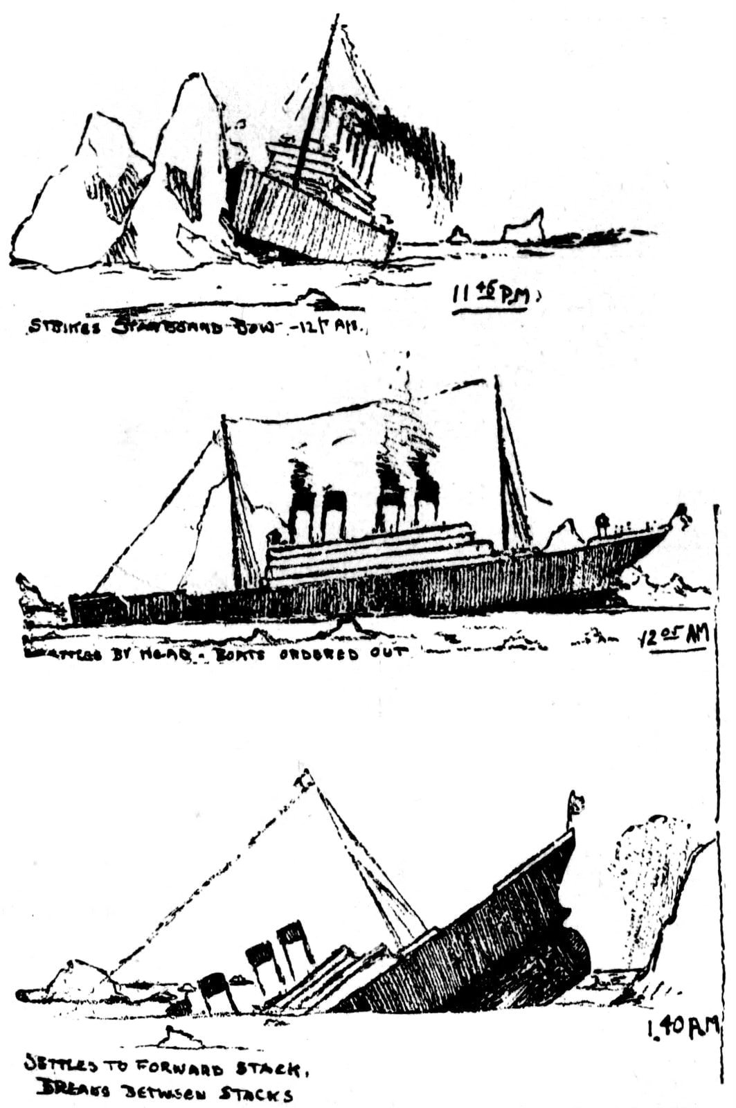 Sketches of the titanic sinking a survivor described how the huge ship went down