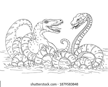 Coloring monsters fight childrens coloring prehistoric stock illustration