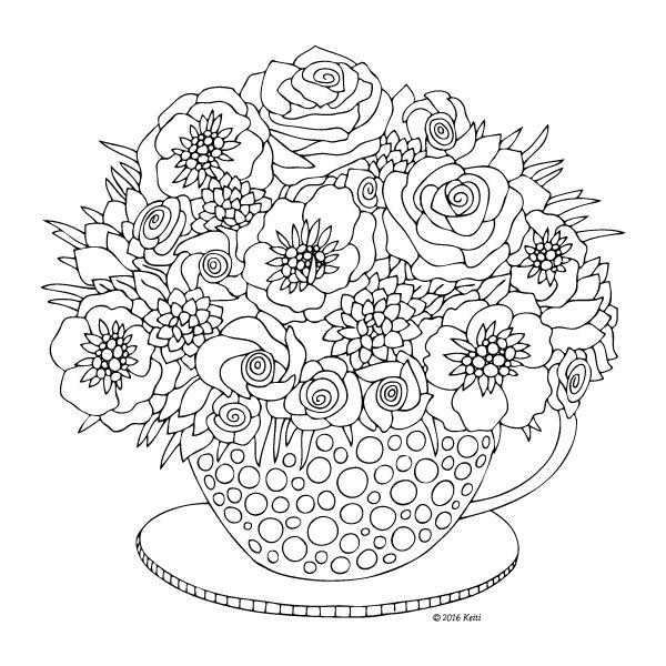 Flowers in a cup coloring page by keiti flower coloring pages coloring pages for grown ups coloring pages