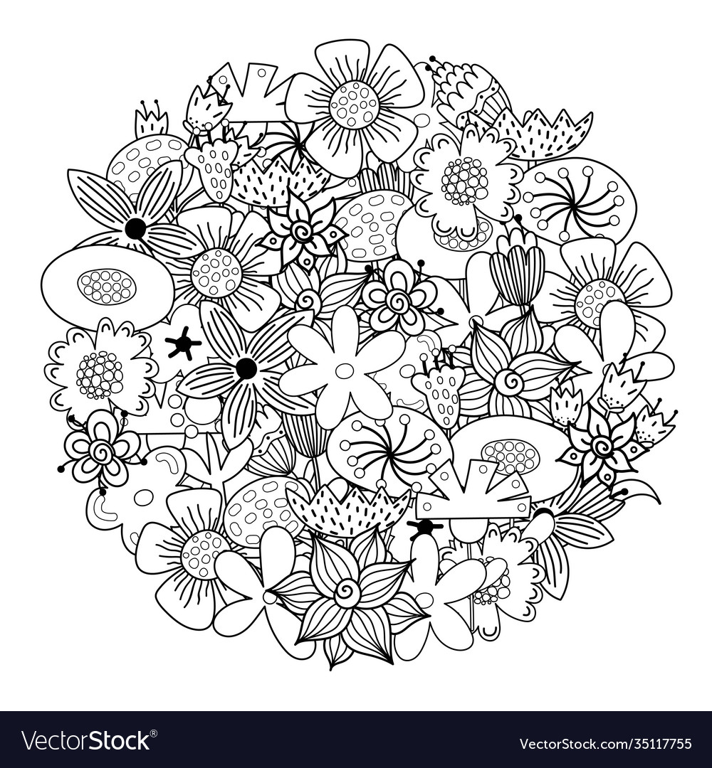 Circle shape coloring page with doodle flowers vector image