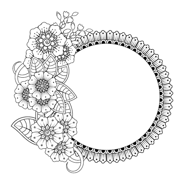 Premium vector circular frame with flowers mehndi coloring page