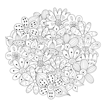 Premium vector doodle flowers circle shape coloring page hand drawn floral mandala for coloring book