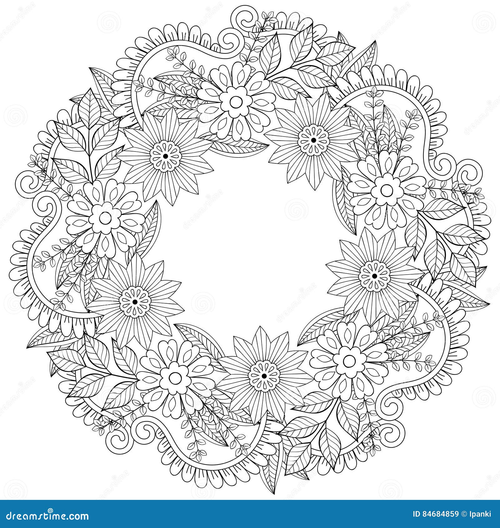 Floral doodles wreath in zentangle style vector circle frame ma stock vector