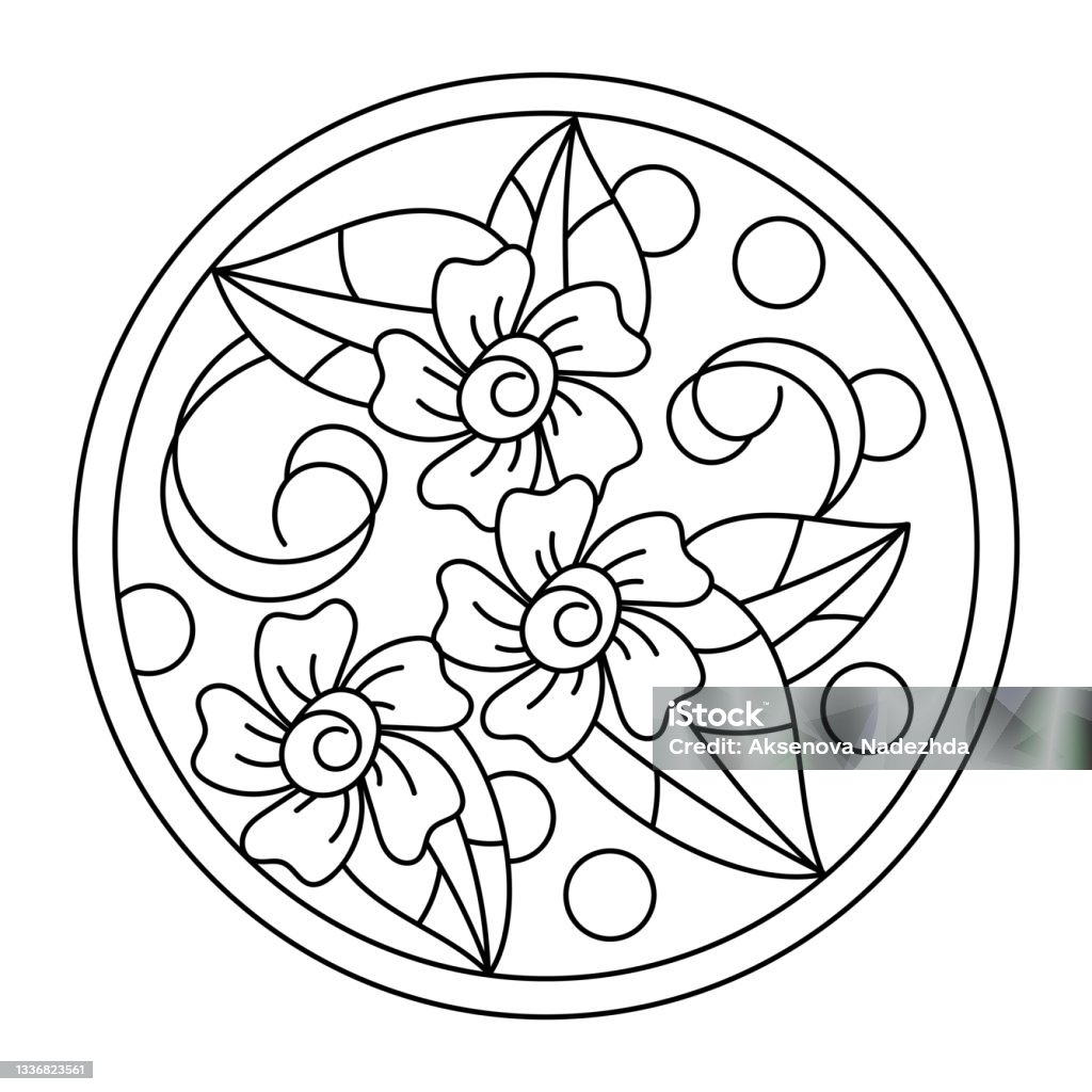 Coloring book page for kids flowers and doodle elements hand drawn pattern in circle stock illustration