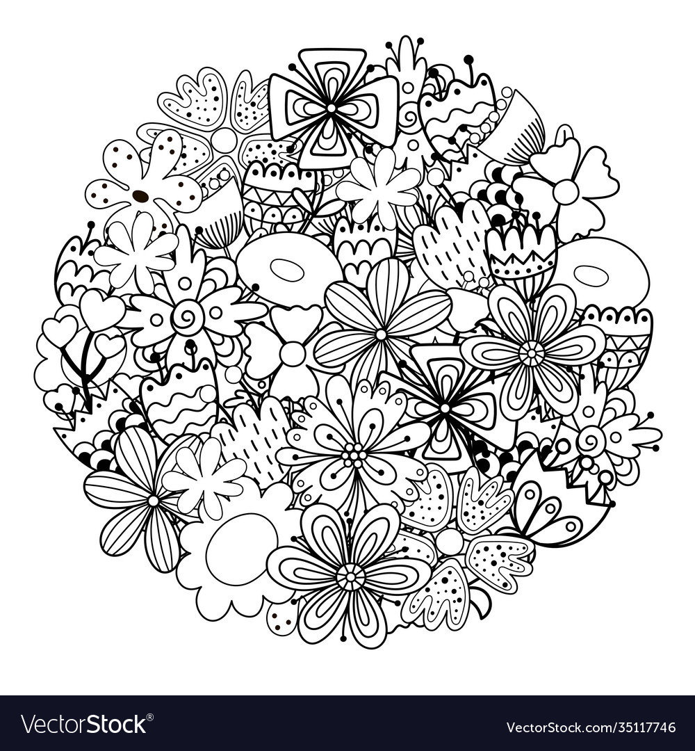 Circle shape coloring page with doodle flowers vector image